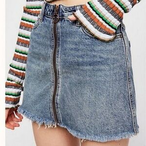 Free People 

zip up mini denim skirt new without tags. Loved it but never worn.